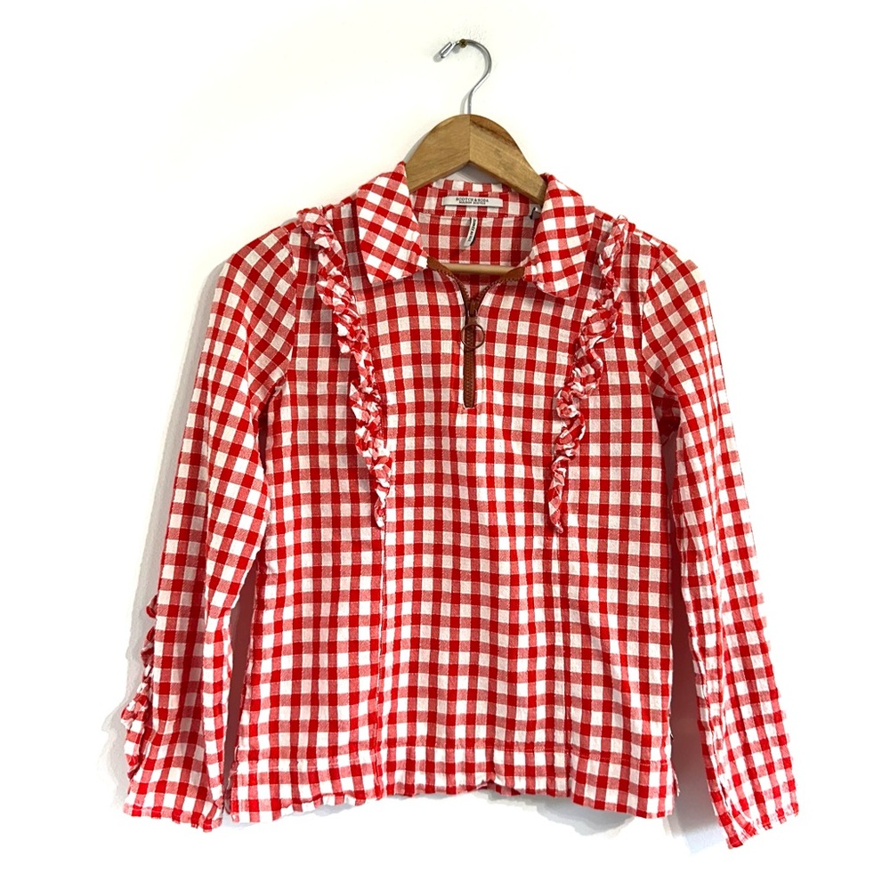 Scotch & Soda gingham red top ruffle trim quarter zip front closure collar